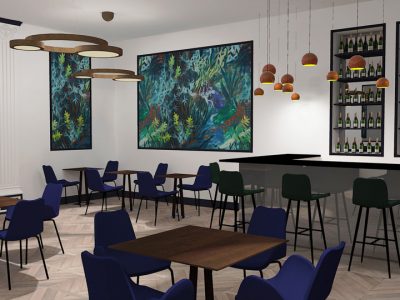 Visuels 3D de l'aménagement et décoration d'un restaurant aux allures sous-marines aux couleurs bleutées et matériaux feutrés.