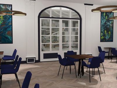 Visuels 3D de l'aménagement et décoration d'un restaurant aux allures sous-marines aux couleurs bleutées et matériaux feutrés.