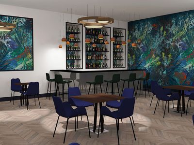 Visuels 3D de l'aménagement et décoration d'un restaurant aux allures sous-marines aux couleurs bleutées et matériaux feutrés.